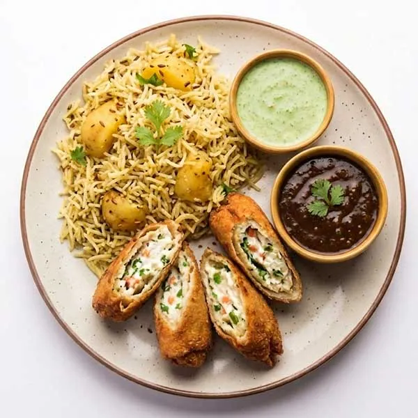 Dahi Ke Sholay with Mint Yogurt & Jeera Aloo Pulao